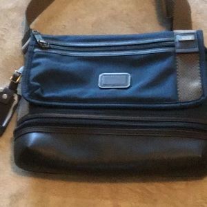 Tumi Navy blue leather and nylon crossbody tote